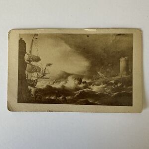 Antique CDV Card L. Backhuysen Rough Sea At The Mountainous Coast 1900s 4”x2.5”